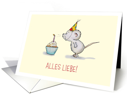 Happy Birthday - German - Cute Mouse blows Candle on cupcake card