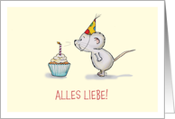Happy Birthday - German - Cute Mouse blows Candle on cupcake card