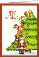 Santa and his Team are decorating the Tree - Humorous Christmas Card