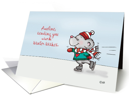 Personalize Happy Winter Card - Cute Iceskating Mouse with scarf card