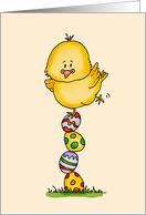Balancing Act - Little chick is balancing on a pile of Easter Eggs card