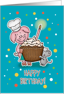 Happy Birthday - General - Pig and Mouse with Cupcake and Candle card