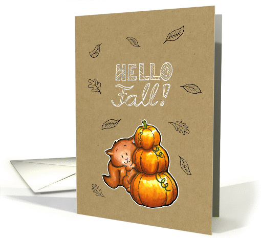 Hello Fall - Squirrel hiding behind a pile of pumpkins card (1330330)