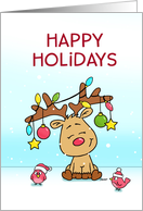 Happy Holidays Reindeer with Antler Ornaments and Little Red Bird card