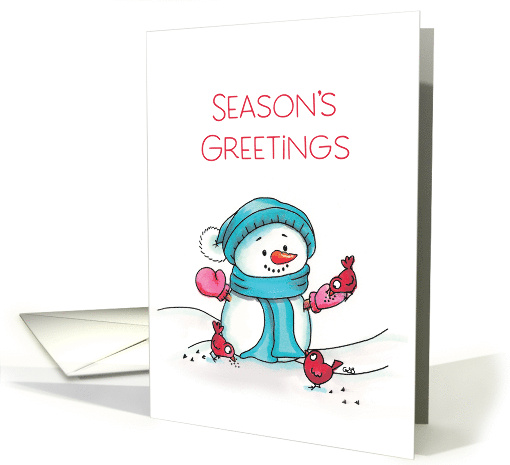 Season's Greetings Snowman and Birds Eating Out of Hand card (1588066)