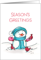 Season’s Greetings Snowman and Birds Eating Out of Hand card