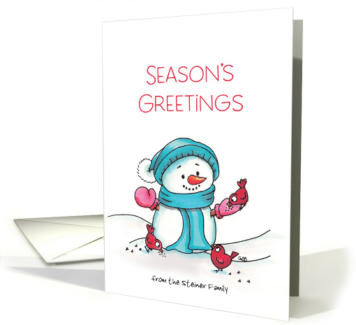 Season's Greetings Snowman and Birds Eating Out of Hand card (1593366)