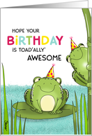Humorous Frogs with Birthday Hats on Lillypad in Pond card