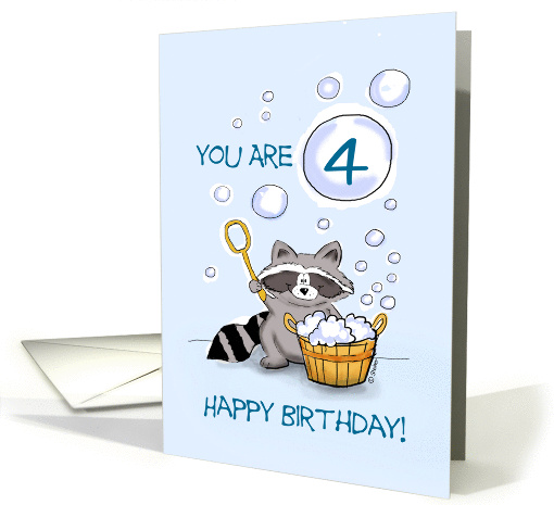 Funny and Cute 4th Birthday with Racoon and Bubbles card (839947)