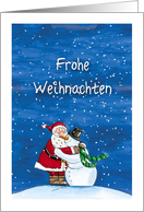 Frohe Weihnachten, Merry Christmas, German, Hugging Santa and Snowman card