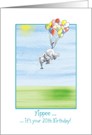 20th Birthday, cute Elephant flying with balloons! card