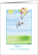 65th Birthday, cute Elephant flying with balloons! card