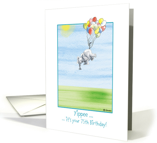 75th Birthday, cute Elephant flying with balloons! card (847372)