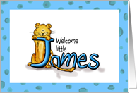 Welcome James, Baby Card with the Name James and a whimsical Leopard card