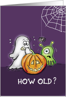 Halloween - Birthday Cute scared Ghost with Pumpkin Monster and Spider card
