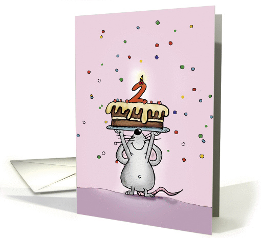 Zweiter Geburtstag - Kleine Maus mit Kuchen, Kerze und Konfetti card