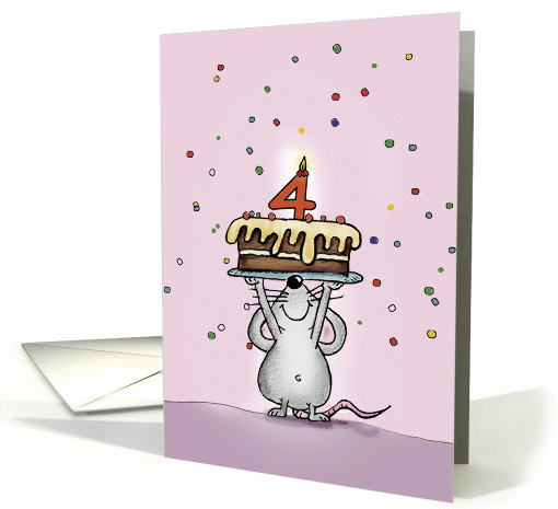 Vierter Geburtstag - Maus mit mit Kuchen und Konfetti card (871408)
