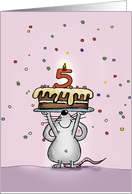 Fünfter Geburtstag - Maus mit mit Kuchen und Konfetti card