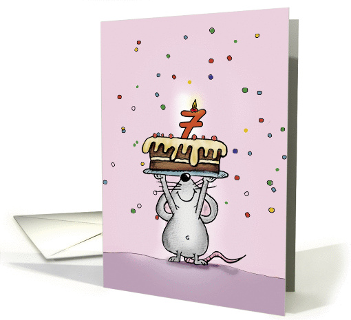 Siebter Geburtstag - Maus mit mit Kuchen und Konfetti card (871411)