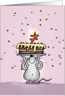 Siebter Geburtstag - Maus mit mit Kuchen und Konfetti card