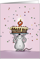 Neunter Geburtstag - Maus mit mit Kuchen und Konfetti card