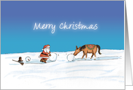 Santa Claus and Horse are building a Snowman card
