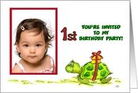 1st Birthday Invitation Photo Card with cute Turtle and gift card