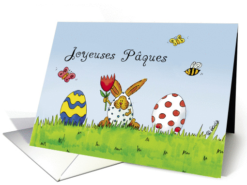 French Easter Joyeuses Pques -Humorous with Rabbit in Egg... (902829)