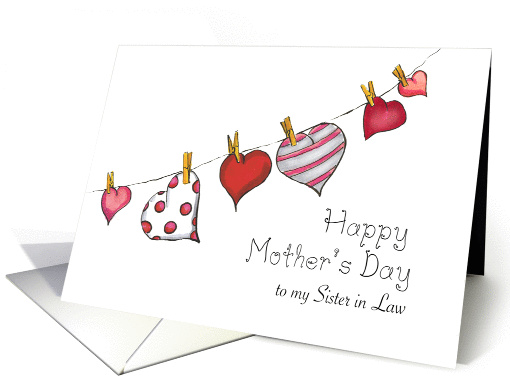 Mothers Day - to my Sister in Law - Hearts on Clothesline card