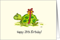 28th Birthday - Humorous, Cute Turtle with Gift on Back card