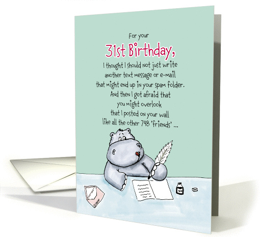 31st Birthday - Humorous, Whimsical Card with Hippo card (908128)