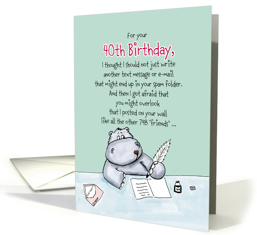 40th Birthday - Humorous, Whimsical Card with Hippo card (908137)