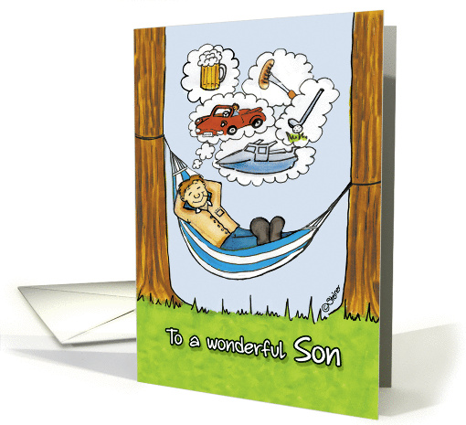 Humorous Father's Day Card for Son - Relaxed Dad in Hammock card