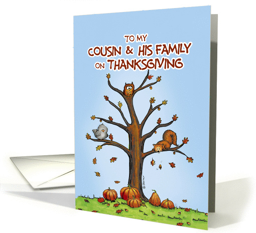 Happy Thanksgiving Cousin and Family- Autumn Tree with Pumpkins card