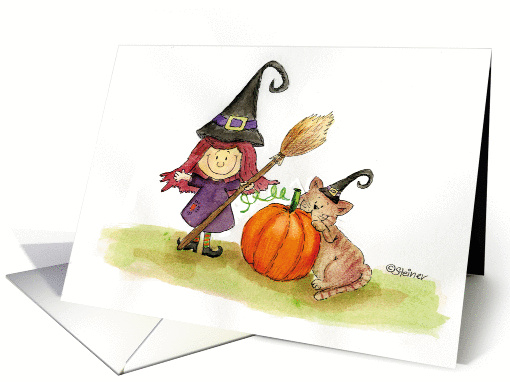 Happy Halloween - Cute witch with cat, pumpkin and broom card (973021)