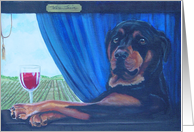 Rottweiler on wine train with wine glass and vineyards card