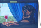 Rottweiler on wine train with wine glass and vineyards card