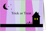 Trick or Treat Halloween Haunted House with cat, mottled purple tones card