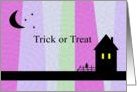 Trick or Treat Halloween Haunted House with cat, mottled purple tones card
