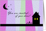 Spooky Invitation - Haunted House with cat, ghostly purple tones card
