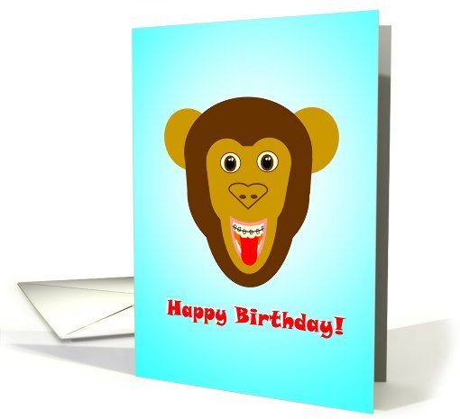 Happy Birthday - Smiling Monkey with Braces - red and blue card