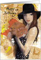 Happy Birthday, Girl in Hat with Cat card