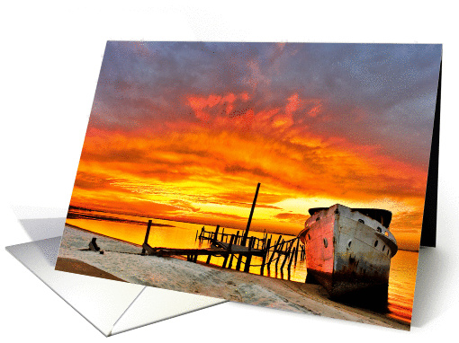 Bright Red Yellow Sunrise over Boat Ship Wreck card (650540)