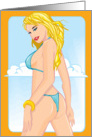 Bikini blond in front of a blue sky card