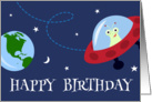 Happy birthday card for kids with cute alien in space card