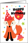 Happy birthday card with cute fox wearing a party hat card