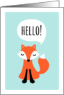 Hello greeting card with cute cartoon fox on aqua blue background card