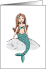 Mermaid sitting on a rock, card with storybook style illustration card