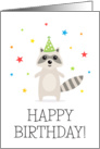 Happy birthday greeting card, raccoon wearing party hat card
