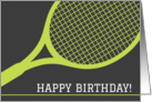 Happy birthday greeting card with green tennis racket on dark gray card